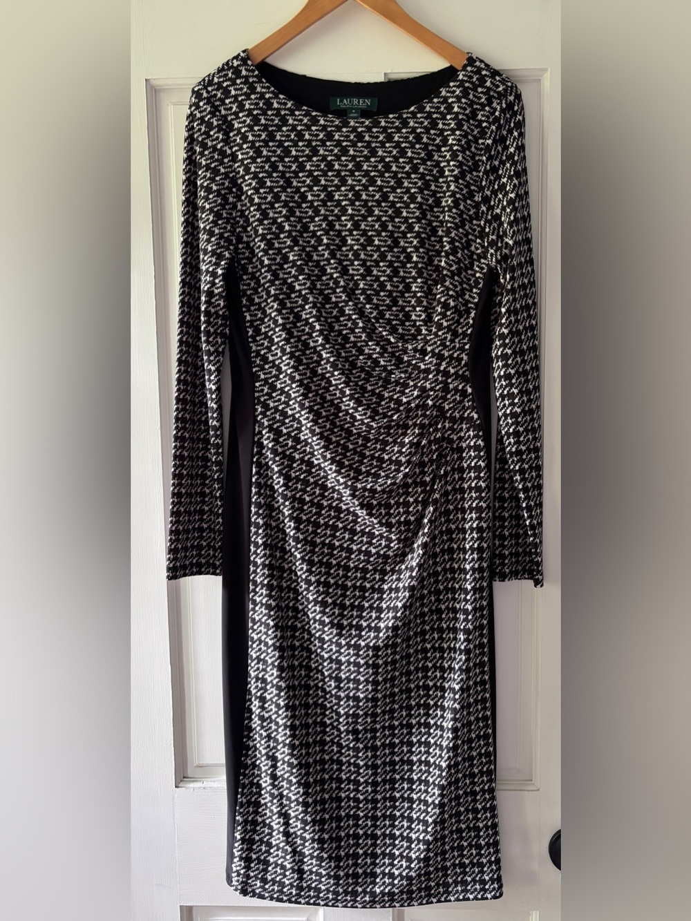 Ralph Lauren Black and White Houndstooth Bodycon Midi Dress